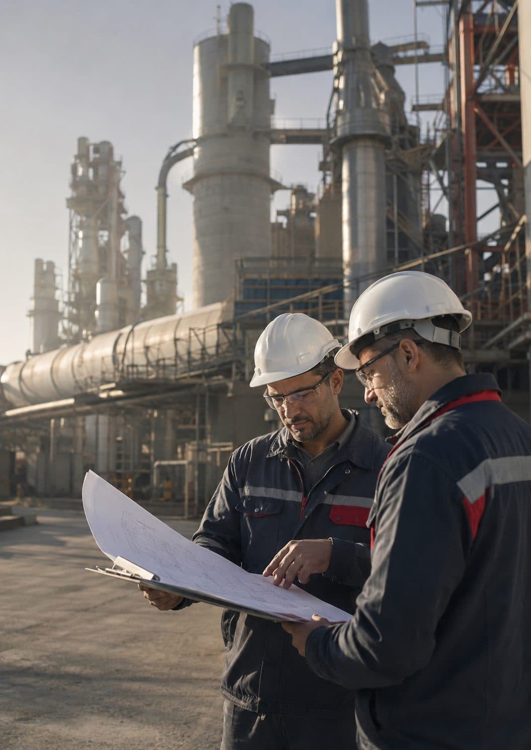 Raden engineers reviewing technical drawings on-site at a cement plant
